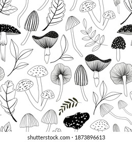 seamless vector repeat, black and white pattern with various mushrooms and leaves