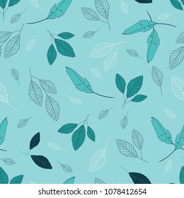 Seamless vector repeat in blue, teal, white leaf pattern with a blue background. Great for wrapping paper, fabric, cards, wallpaper design.