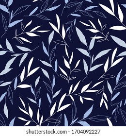 Seamless vector repeat, botanical line art leaves pattern in shades of blue and navy, perfect for fabric, wallpaper