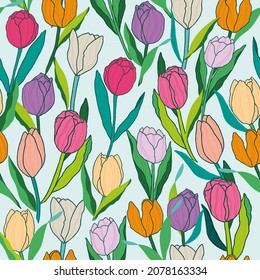 seamless vector repeat, colourful tulips flowers on a light background