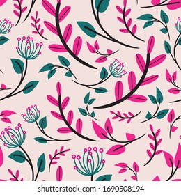 seamless vector repeat, cute floral art and graphic style leaf pattern in teal pink and black