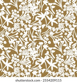 seamless vector repeat ditsy floral pattern in an off white color on a brown background
