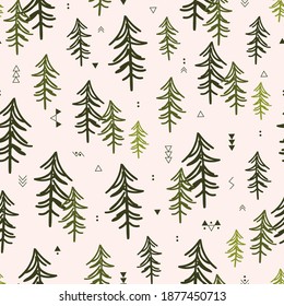 seamless vector repeat, doodled trees pattern with nordic inspired abstract shapes