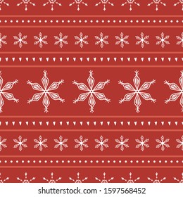 Seamless vector repeat with Fair Isle, Christmas sweater style snowflake pattern in white on a bright red background. Cozy holiday design for wrapping paper, packaging, home decor, stationery, fabric.