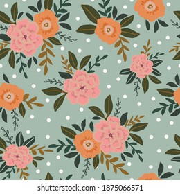 seamless vector repeat floral pattern, with abstract flower elements and leaves with polka dots in a vintage style