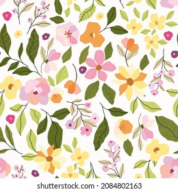 Seamless vector repeat, graphic floral pattern in pink, yellow and green on a white background