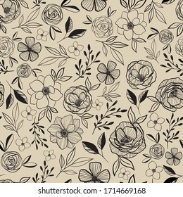 seamless vector repeat, graphic style botanical line art, with various flower shapes and leaves in black, perfect for wallpaper and home decor