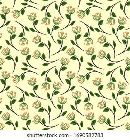 repite vectorial transparente, con un diseño gráfico de flor silvestre ilustrado en verde oliva y naranja quemado sobre un fondo claro perfecto para los textiles y el papel pintado