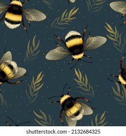 Seamless vector repeat green pattern with bumblebee and leaves. Design for card, fabric, print, greeting, cloth, poster, clothes, textile.