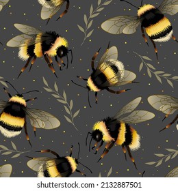 Seamless vector repeat green pattern with bumblebee and leaves. Design for card, fabric, print, greeting, cloth, poster, clothes, textile.