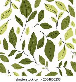 Seamless vector repeat hand drawn green leaves on a white background 