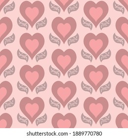 Seamless vector repeat heart and leaf pattern in pink shades and grey in a neat modern design