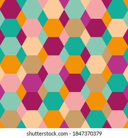 seamless vector repeat, hexagons and diamonds tessellation pattern in bright colours; pink, peach, purple, blue, yellow orange and beige