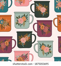 seamless vector repeat, illustrated floral camping mug in various colours on an off white background