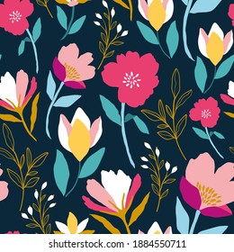 seamless vector repeat modern abstract floral pattern in bright colours on a dark navy background