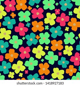 seamless vector repeat, multicoloured abstract flowers on a navy blue background ideal for textile projects