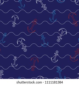 Seamless vector repeat nautical marine pattern with red, white and blue anchors in a wavy ocean with a navy blue background. Great for fabric, background, textile, wrapping paper designs.