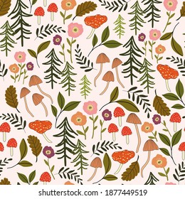 seamless vector repeat patter, woodland scenery with trees, flowers and mushrooms on an off white background