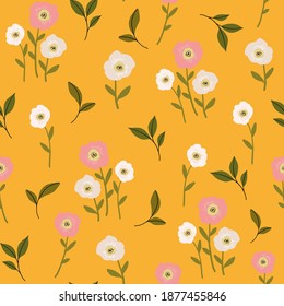 seamless vector repeat pattern with abstract floral elements and leaves on a yellow background perfect for fabric, wallpaper svg