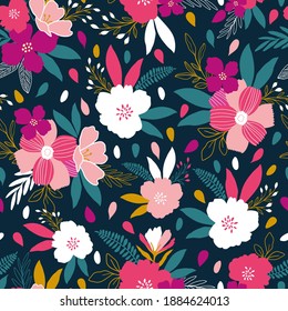 seamless vector repeat pattern, with abstract modern flower elements arranged in clusters with polka dots on a dark navy background