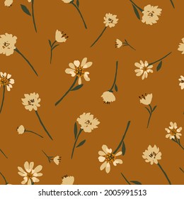 seamless vector repeat pattern with abstract hand painted flowers in off white on a mustard yellow background