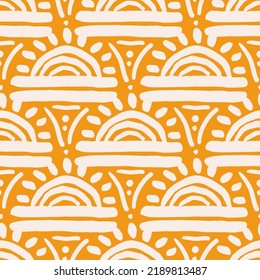 seamless vector repeat pattern with abstract sun symbols and stripes in off white on a mustard yellow background