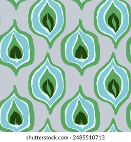 Seamless vector repeat pattern with abstract oval ogee shapes like peacock feathers. Hand drawn gender neutral simple Bohemian organic design in gender neutral colors of gray, navy and green.