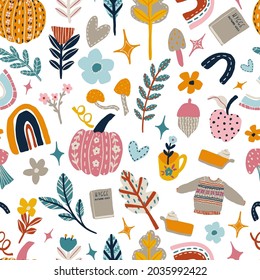 seamless vector repeat pattern with autumn elements in a modern Scandinavian style in a trendy colour palette