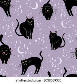 Seamless vector repeat pattern and black cheeky cat in different poses trendy dusty lavender purple background  Night time cats and stars   crescent moons  Cute sophisticated Halloween