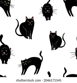 Seamless vector repeat pattern with black cheeky cat in different poses on white background. Sitting, stretching, arched back cats for Halloween and everyday use.