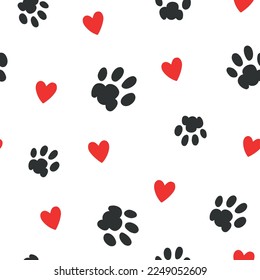 Seamless vector repeat pattern with black tossed paw prints and red hearts on white background. Great for pet related projects!