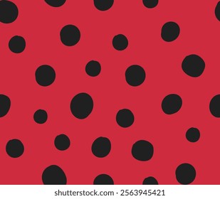 Seamless vector repeat pattern with black hand drawn dots on red, ladybug ladybird texture. Simple versatile backdrop for festive dramatic holiday packaging and more.