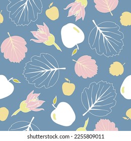 Seamless vector repeat pattern with blue background, featuring nature elements, like tree leaves, flowers and apples.