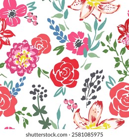 Seamless vector repeat pattern with bouquets of red dahlia, rose, lily, anemone, blue green branches on white. Hand drawn floral background for womens apparel, swim, Easter, Mothers day packaging
