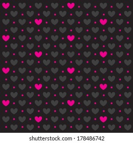 Seamless vector repeat pattern of bright pink and gray hearts and dots on a black background