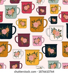 seamless vector repeat pattern with camping mugs on a white background