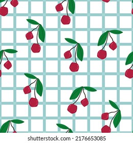 seamless vector repeat pattern with cherries on a blue and white gingham effect background