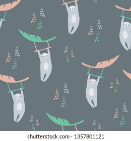 Seamless vector repeat pattern of circus sloths and tropical leaves. Cute childrens surface pattern design.