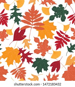 Seamless vector repeat pattern with colorful leaves silhouettes overlapping