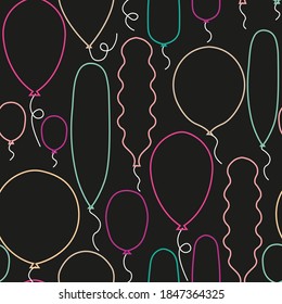 seamless vector repeat pattern colourful balloon outlines in pink, peach, purple and blue on a black background