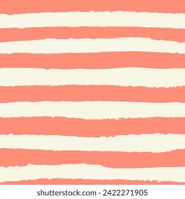 Seamless vector repeat pattern with coral and cream horizontal stripes. Grunge torn edge striping. Versatile striped backdrop, coastal stripe pattern, hot zone beach stripes.