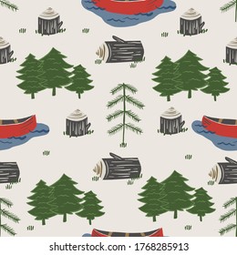 Seamless Vector Repeat Pattern of Day by the lake with Canoe, Logs, and Trees Adventure Elements with a beige background.