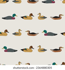 A seamless vector repeat pattern design for duck hunters to enjoy, which features vintage duck decoys on a chalky white background. the decoys are placed in horizontal rows creating a striped pattern.