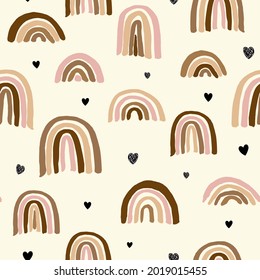 Seamless vector repeat pattern with different human skin tone rainbows on cream background with black hearts. Great for inclusion and diversity projects