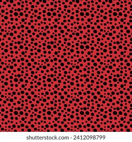 Seamless vector repeat pattern with ditsy black dots on red, ladybug ladybird texture. Simple versatile backdrop for festive dramatic holiday packaging and more.