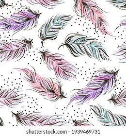 Seamless vector repeat pattern with feathers. For invitations, wedding, cards, textiles, backdrops. Fashion wallpaper for girl