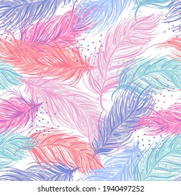 Seamless vector repeat pattern with feathers. For invitations, wedding, cards, textiles, backdrops. Fashion wallpaper for girl