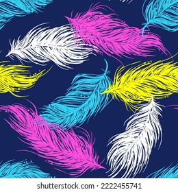 Seamless vector repeat pattern with coloгrful feathers. Fashion wallpaper for girl