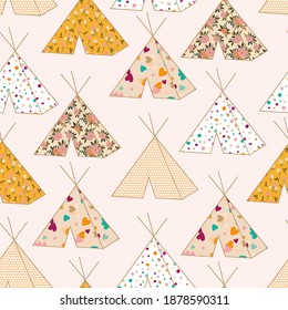 seamless vector repeat pattern with floral patterned tents on a pale background
