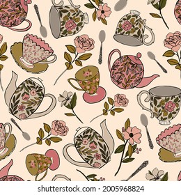 seamless vector repeat pattern with floral illustrated teacups, tea pot, spoon and flowers in a vintage style on a light pink background